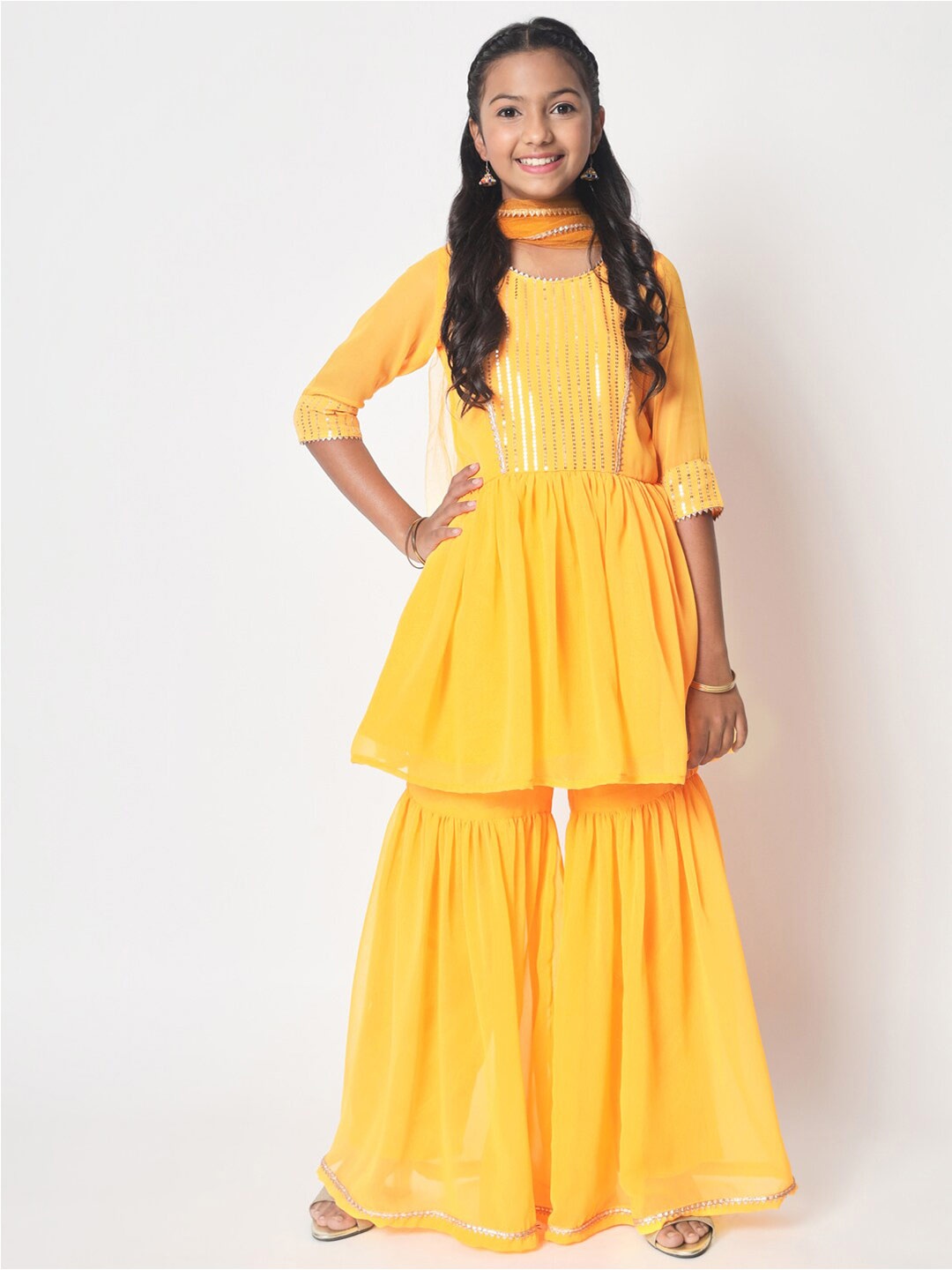 

studio rasa Girls Sequinned Embellished Empire Style A-Line Kurti with Sharara & Dupatta, Yellow