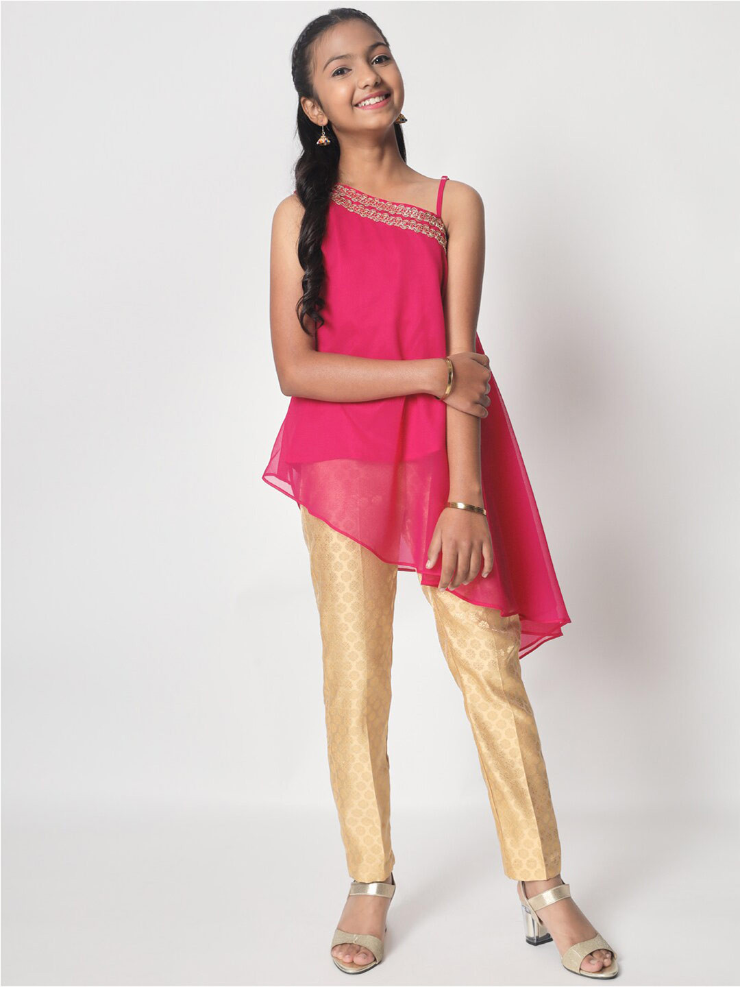

studio rasa Girls Thread Work & Beads Detail Fusion Asymmetric A-Line Kurti with Trousers, Pink
