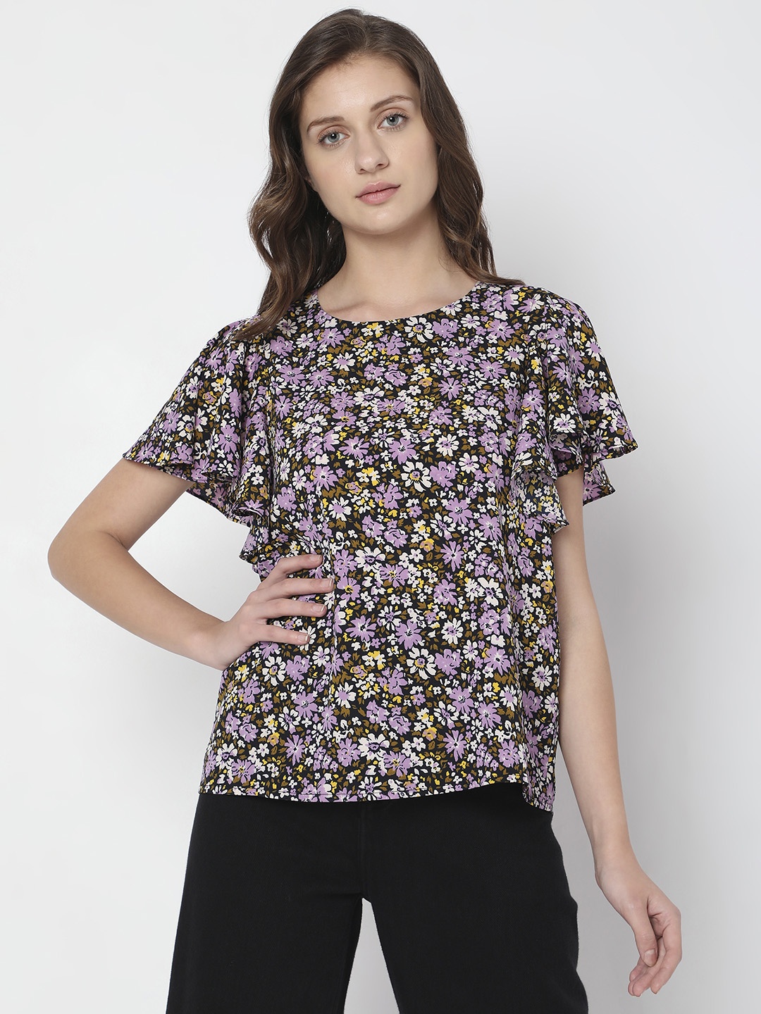 

Vero Moda Floral Printed Flutter Sleeves Regular Top, Lavender