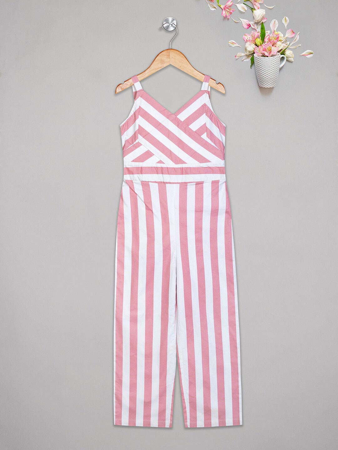 

Budding Bees Girls Cotton Striped Basic Jumpsuit, Pink