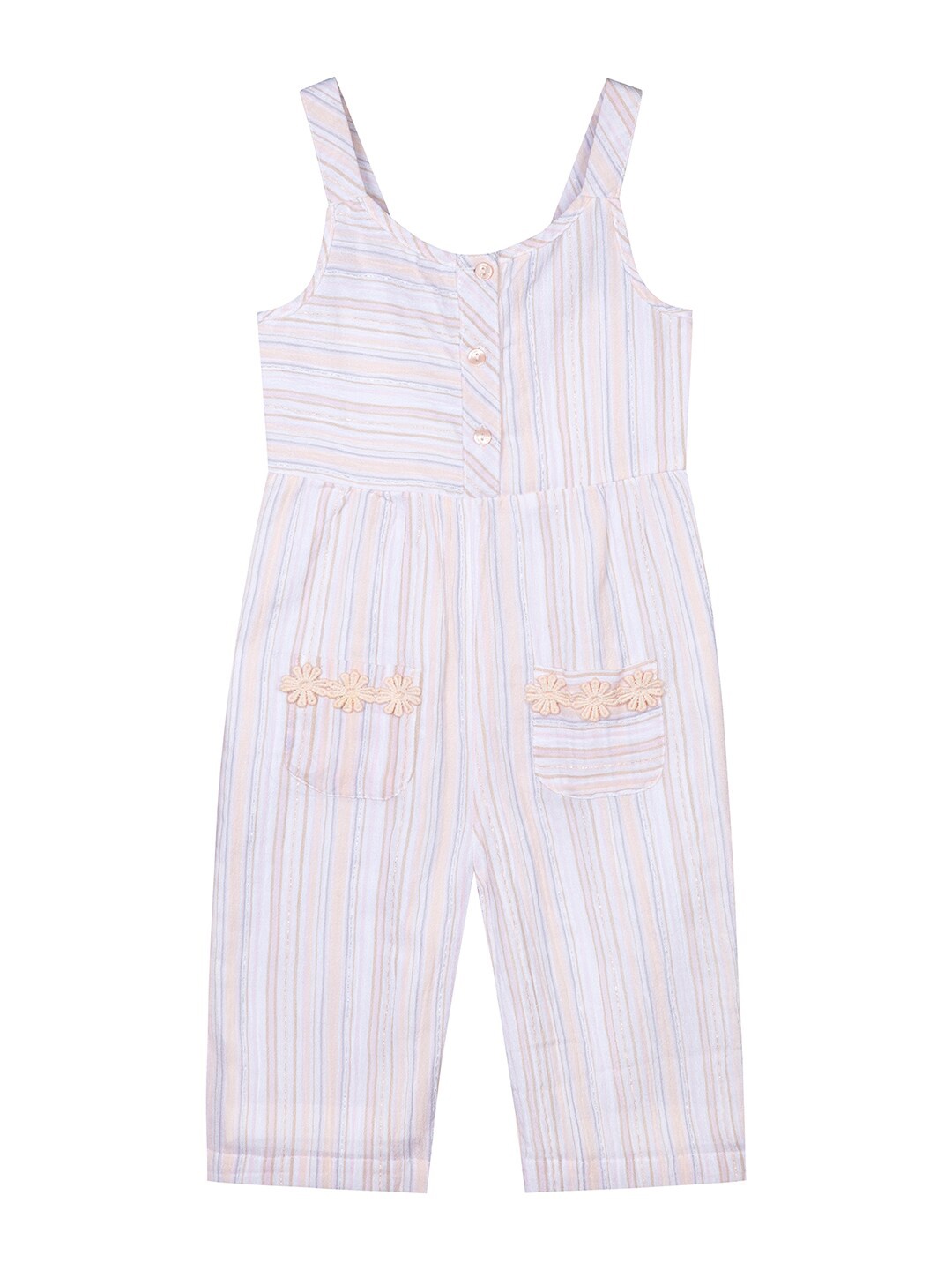 

Budding Bees Infants Girls Striped Shoulder Straps Cotton Basic Jumpsuit, Off white
