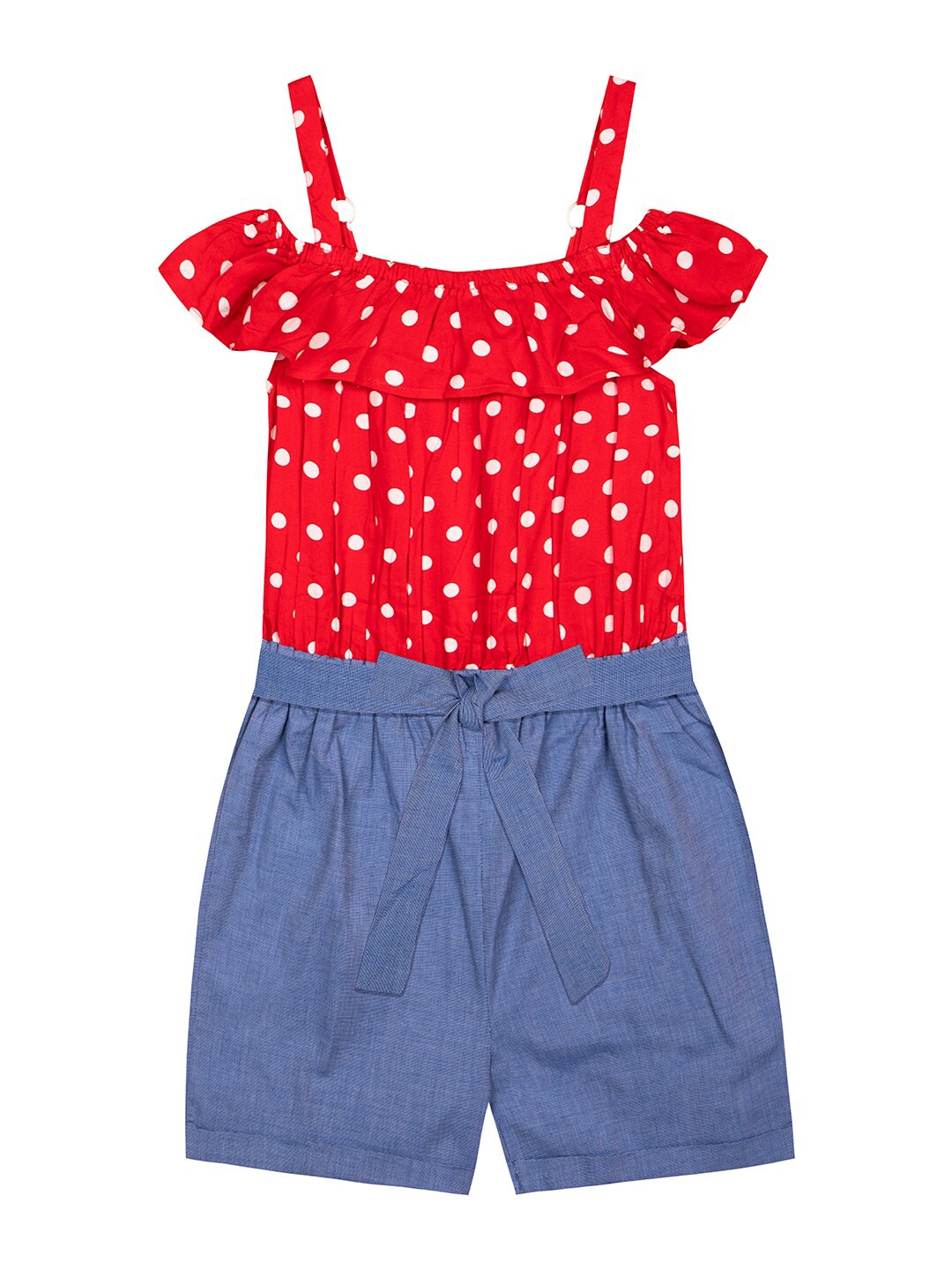 

Budding Bees Girls Cotton Printed Shoulder Strap Jumpsuit, Red