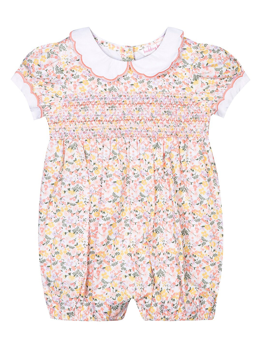 

Budding Bees Girls Cotton Printed Rompers, Off white