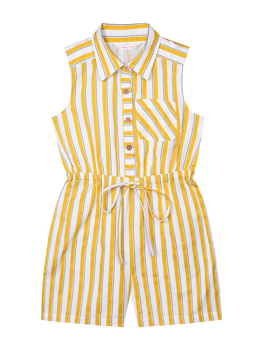 

Budding Bees Girls Striped Shirt Collar Waist Tie Ups Sleeveless Cotton Playsuit, Yellow