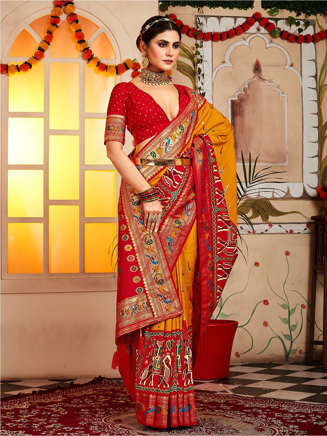 

Anouk Yellow & Red Woven Design Zari Silk Blend Patola Saree