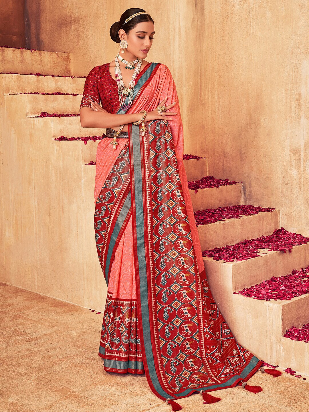 

Anouk Ethnic Motifs Woven Design Zari Ikat Saree, Peach