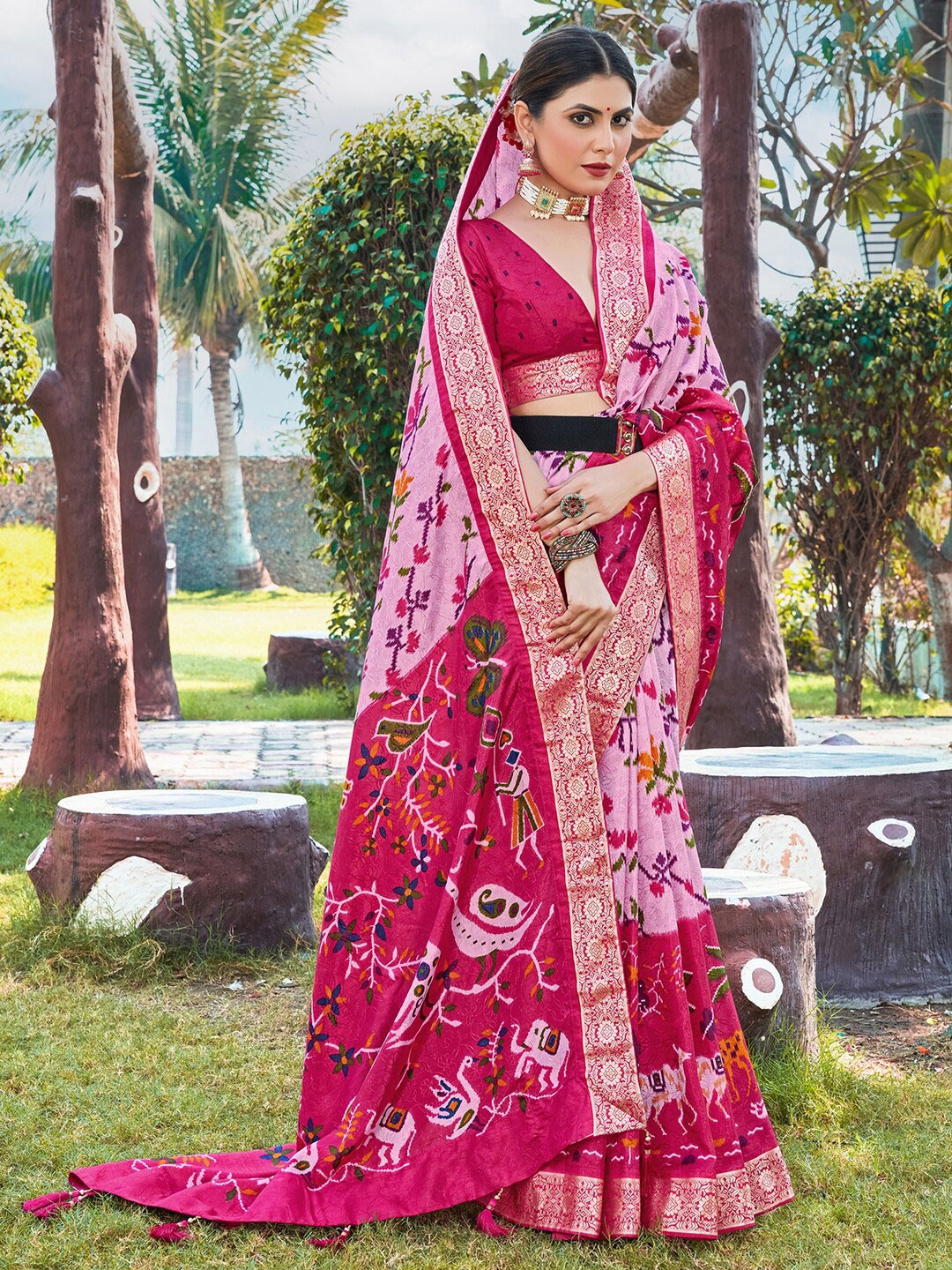 

Anouk Ethnic Motifs Woven Design Zari Pochampally Saree, Pink