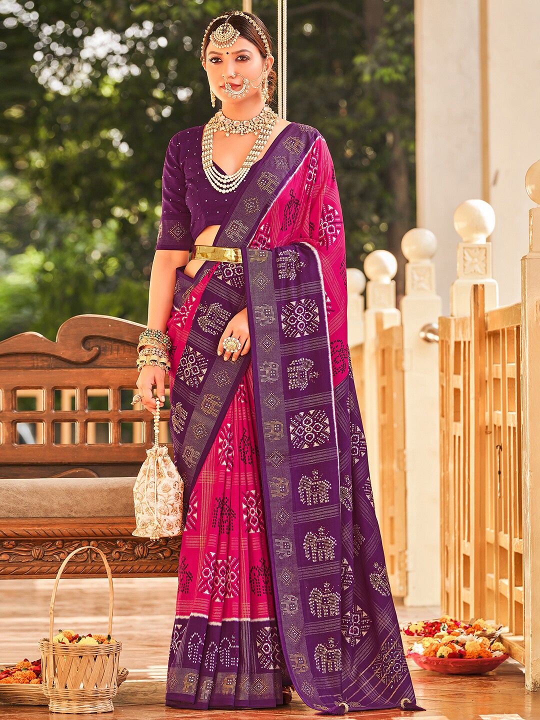 

Anouk Ethnic Motifs Printed Beads and Stones Patola Saree, Pink