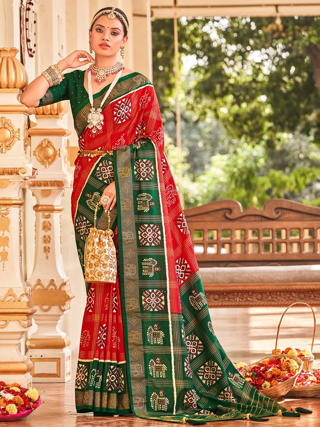 

Anouk Ethnic Motifs Printed Beads and Stones Patola Saree, Red