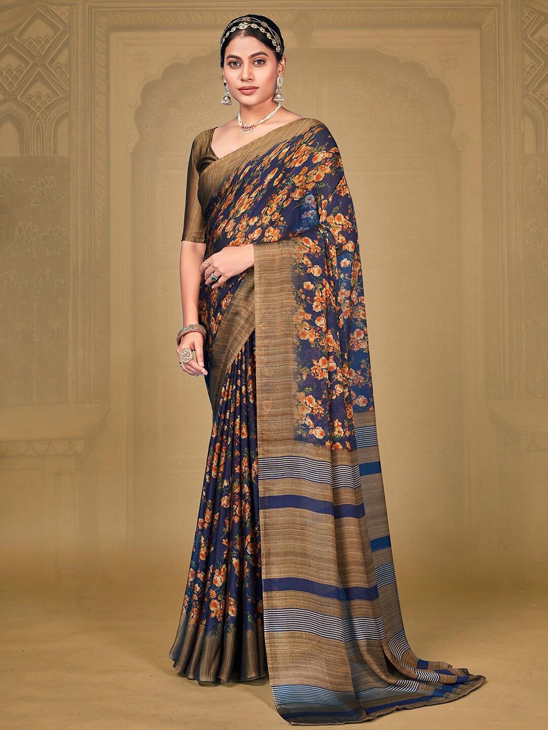 

Anouk Rustic Floral Printed Pure Chiffon Saree, Navy blue