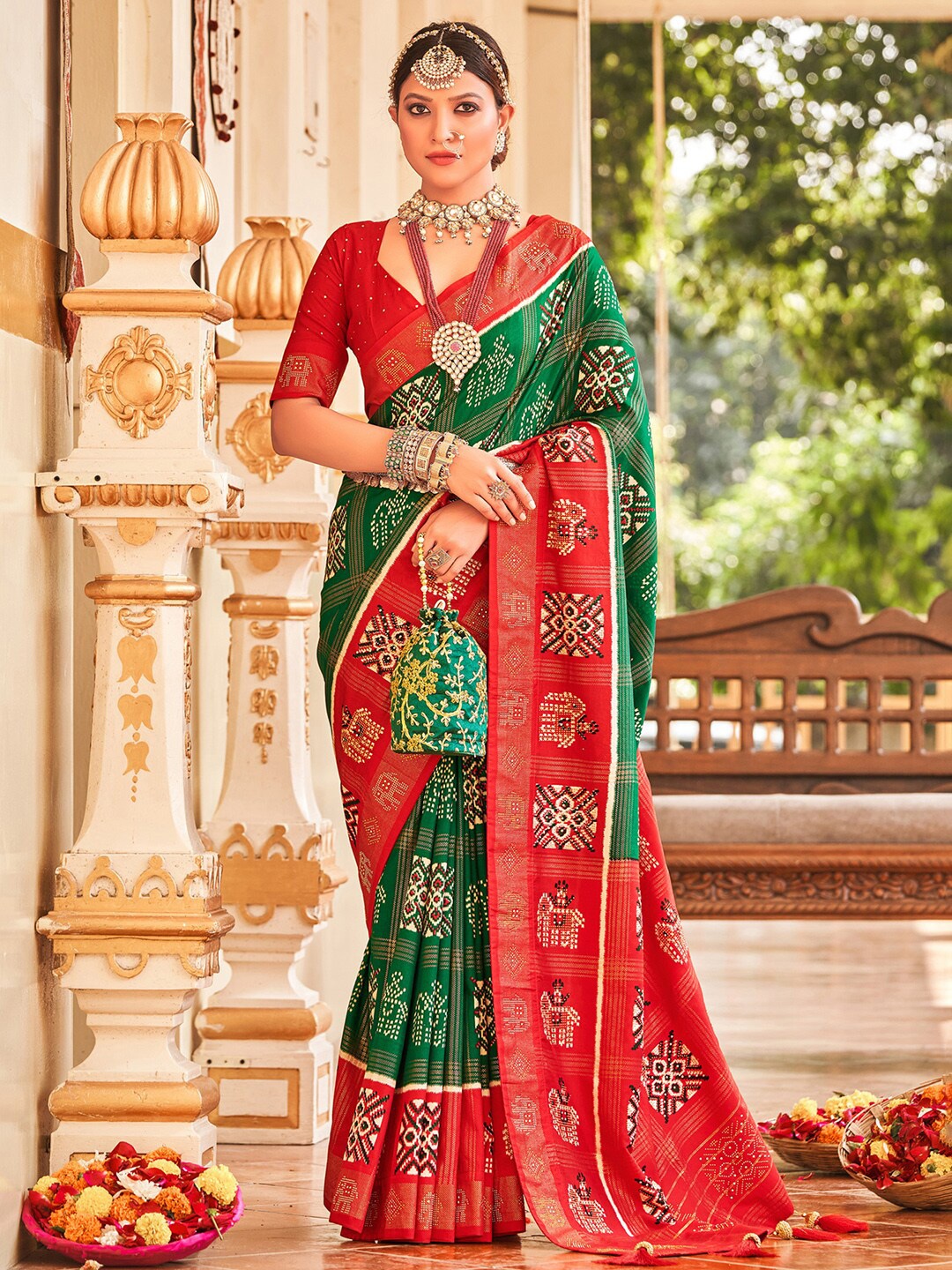 

Anouk Ethnic Motifs Printed Beads and Stones Patola Saree, Green