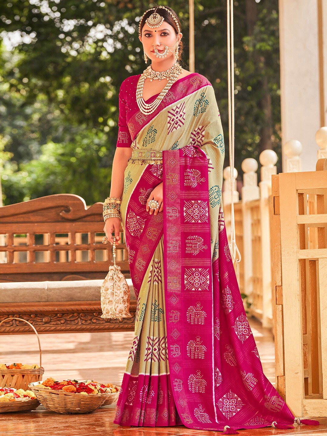 

Anouk Ethnic Motifs Printed Beads and Stones Patola Saree, Cream