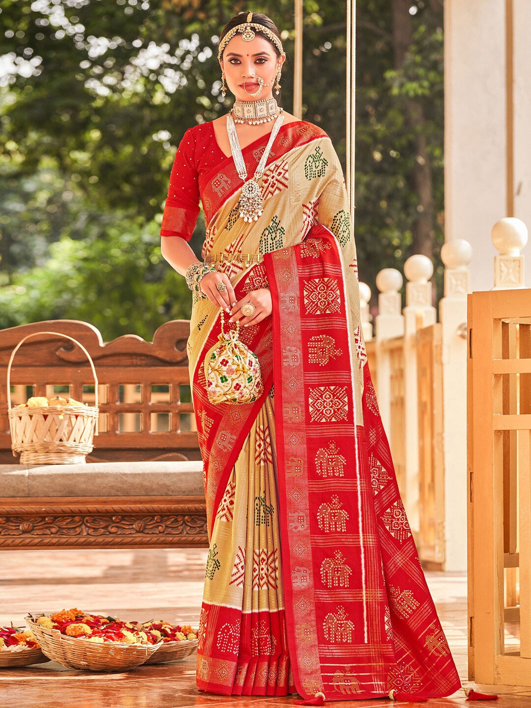 

Anouk Ethnic Motifs Printed Beads and Stones Patola Saree, Cream