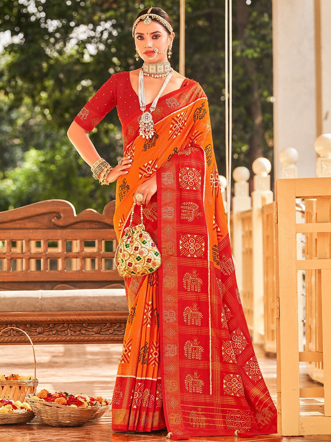 

Anouk Ethnic Motifs Printed Beads and Stones Patola Saree, Orange