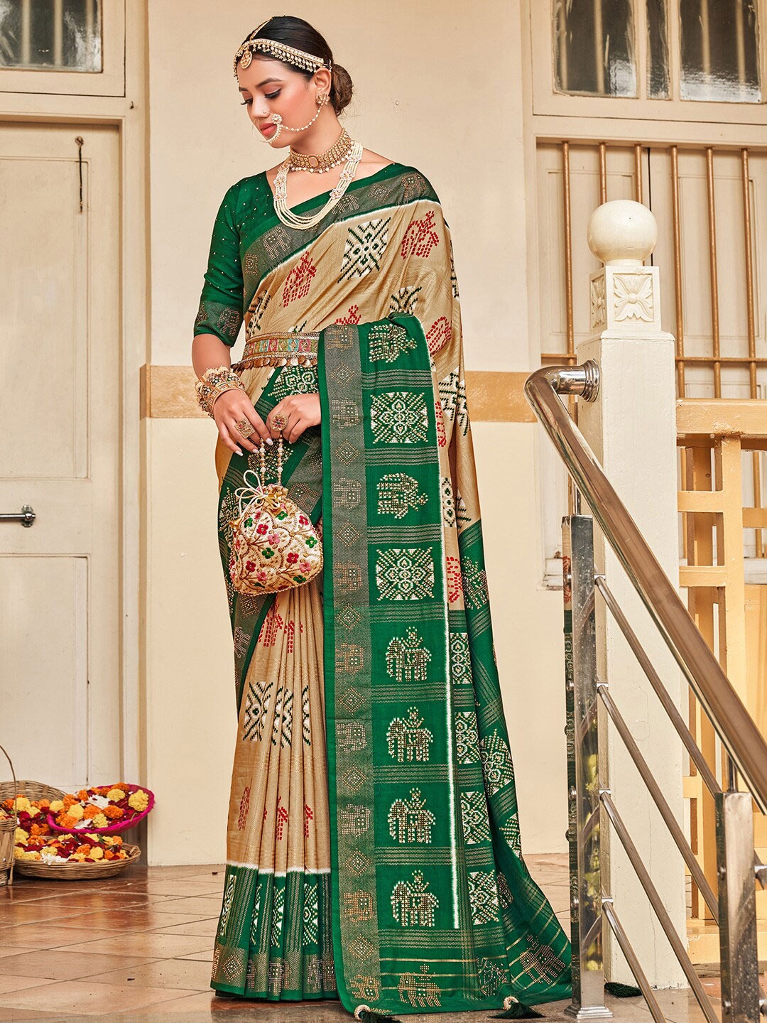 

Anouk Ethnic Motifs Printed Beads and Stones Embellished Patola Saree, Beige