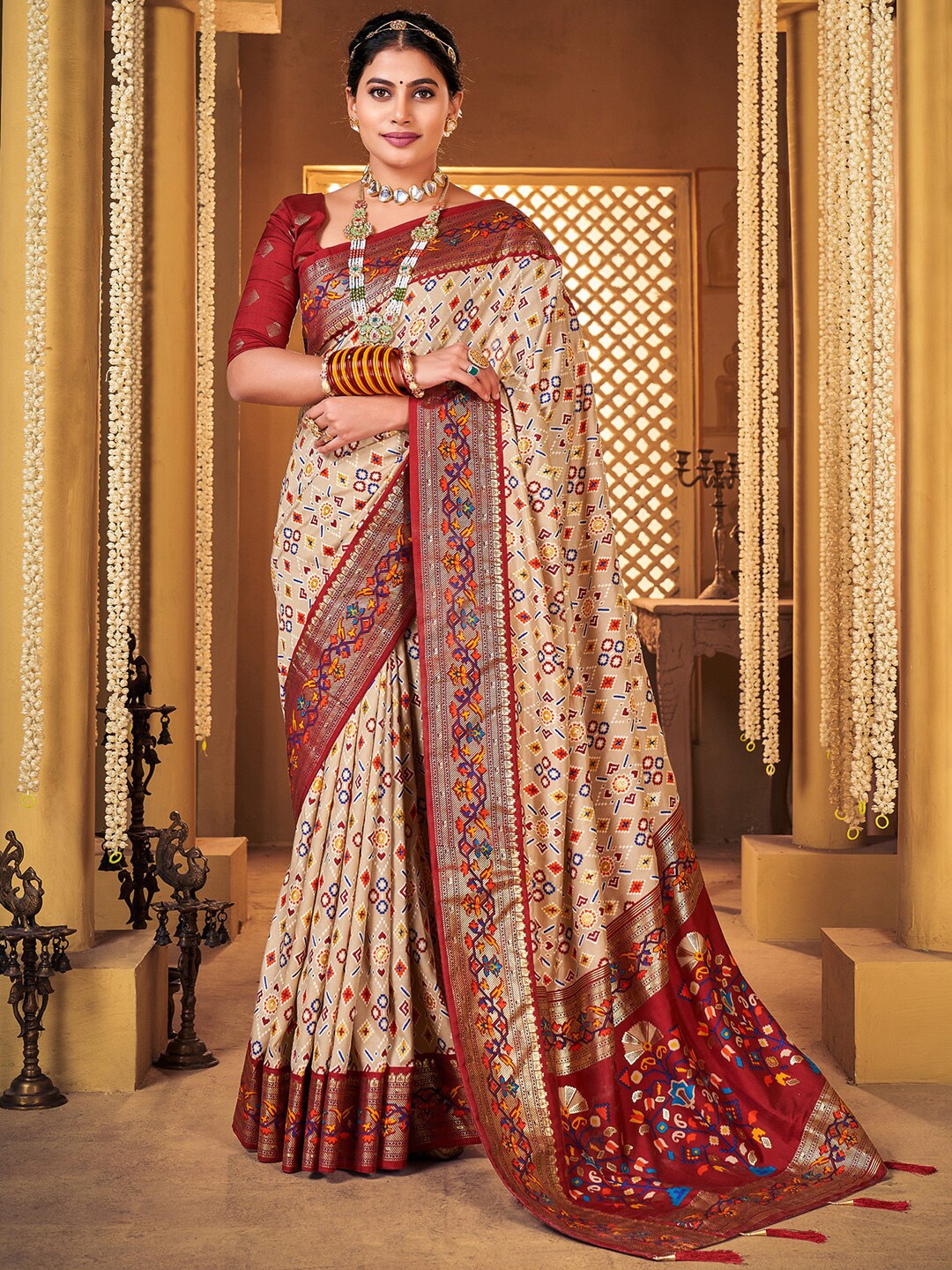 

Anouk Ethnic Motifs Woven Design Zari Patola Saree, Cream