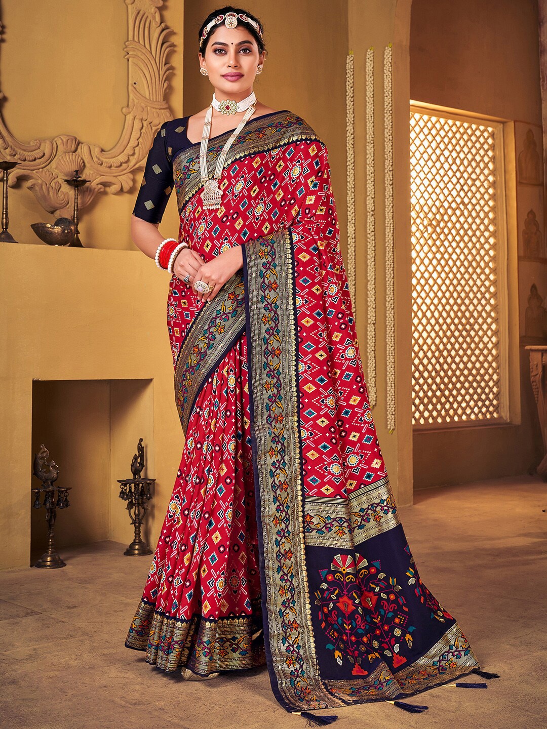 

Anouk Pink & Blue Woven Design Zari Silk Blend Patola Saree