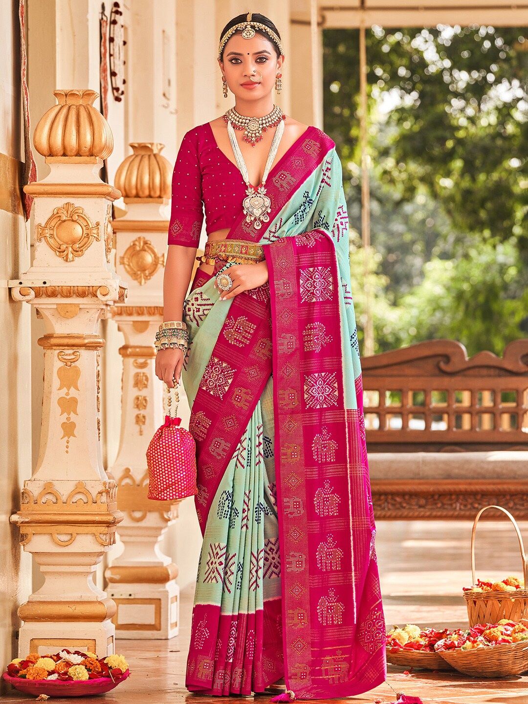 

Anouk Ethnic MotifsPrinted Beads and Stones Patola Saree, Blue