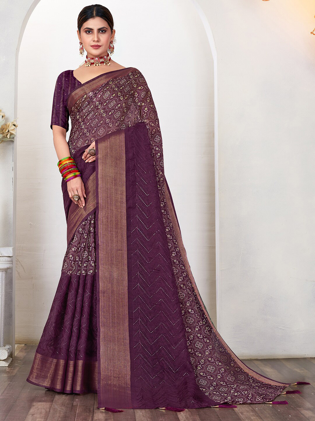 

Anouk Ethnic Motifs Printed Zari Bandhani Saree, Magenta