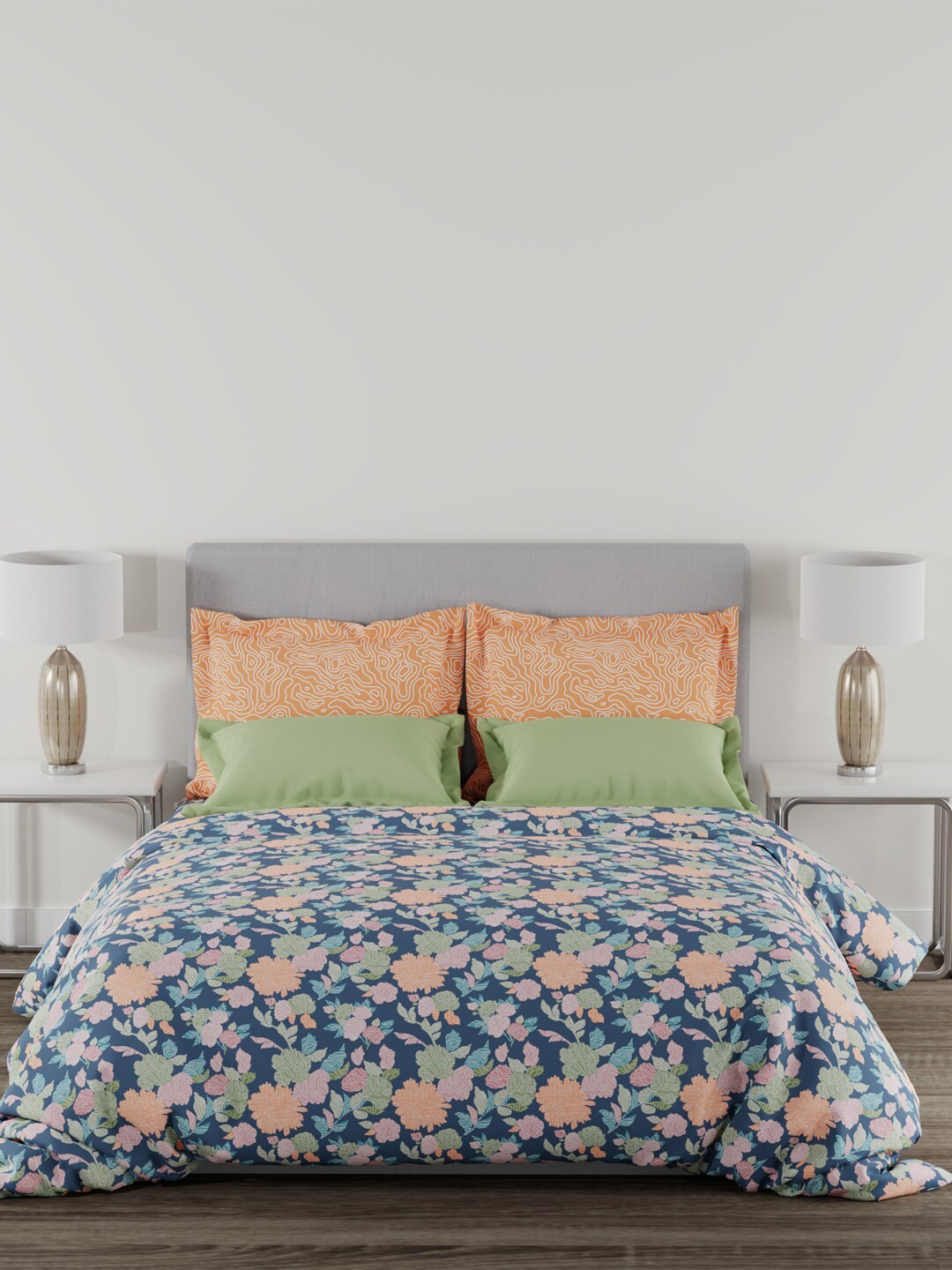 

MYTRIDENT Home Essential Blue Orange Floral 144 TC Cotton King Bedsheet 2 Pillow Covers