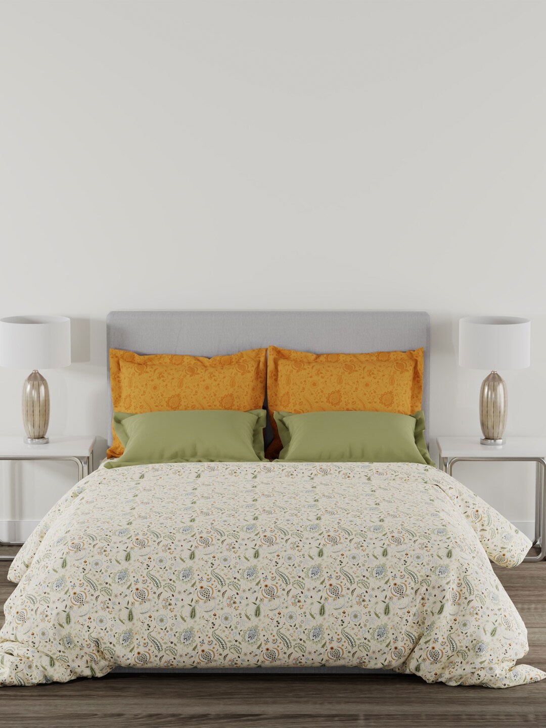 

MYTRIDENT Home Essential Yellow Printed 144 TC Cotton King Bedsheet 2 Pillow Covers