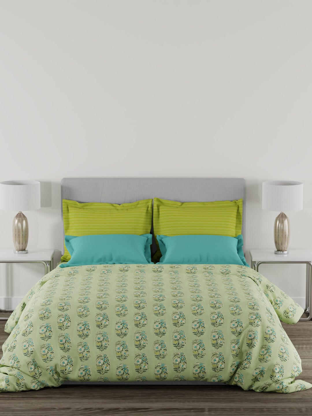 

MYTRIDENT Home Essential Green Printed 144 TC Cotton Queen Bedsheet 2 Pillow Covers