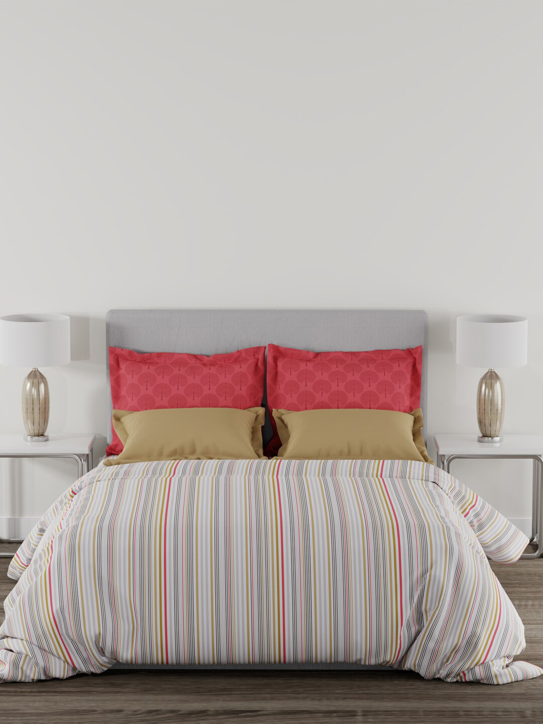 

MYTRIDENT Home Essential Grey Red Striped 144 TC Cotton King Bedsheet 2 Pillow Covers