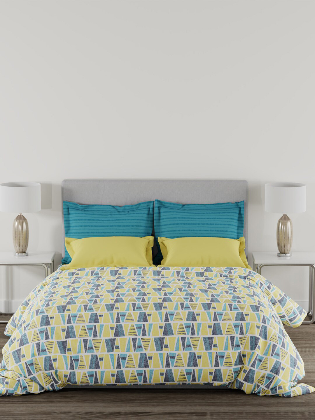 

MYTRIDENT Home Essential Mustard Printed 144 TC Cotton King Bedsheet 2 Pillow Covers