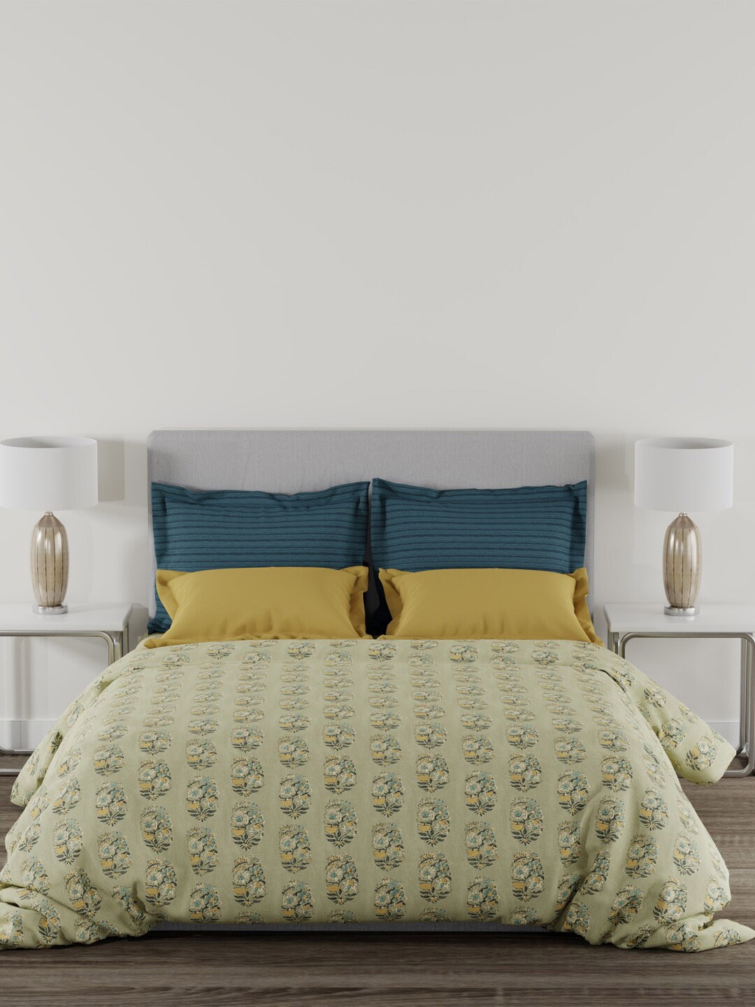 

MYTRIDENT Reet Beige Flat 144TC Queen Cotton 1 Bedsheet with 2 Pillow Covers, Green