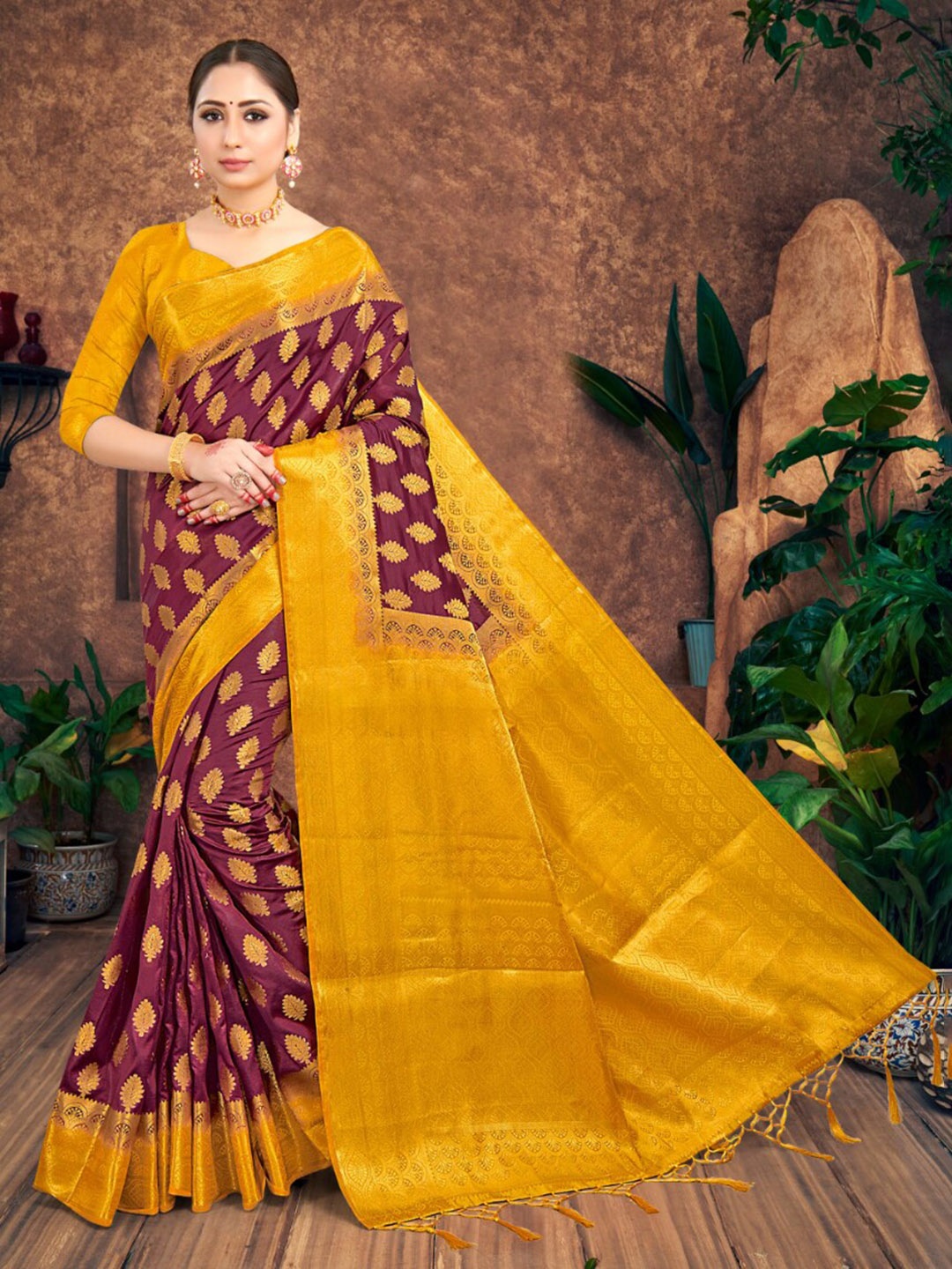 

Vardha Purple & Yellow Woven Design Zari Art Silk Banarasi Saree