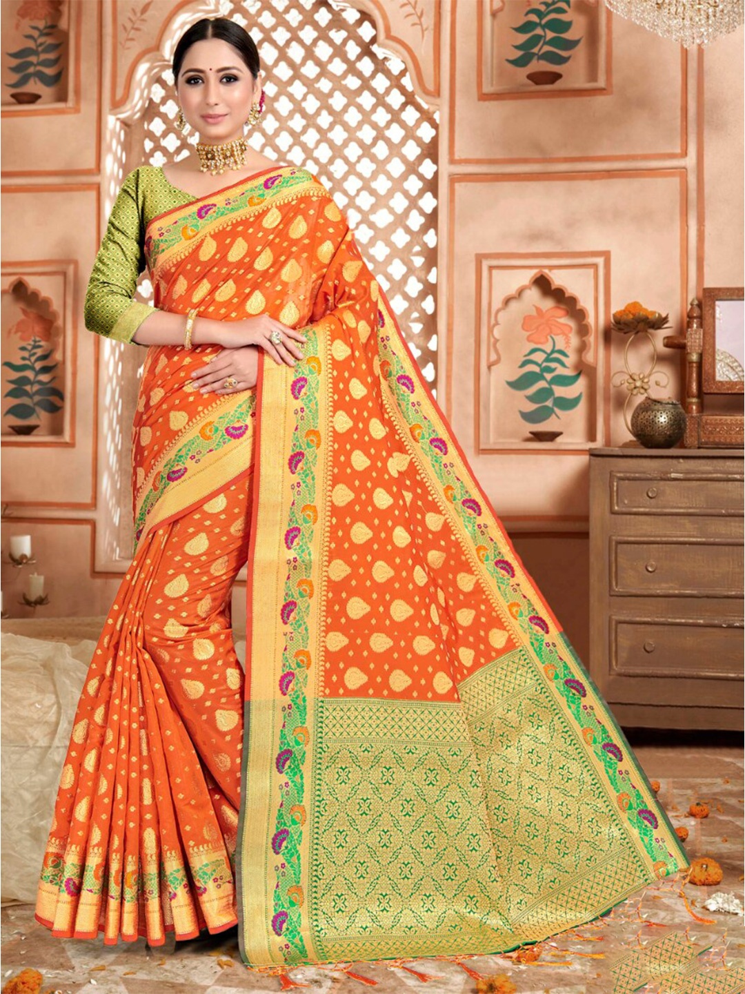 

Vardha Woven Design Zari Art Silk Banarasi Saree, Orange