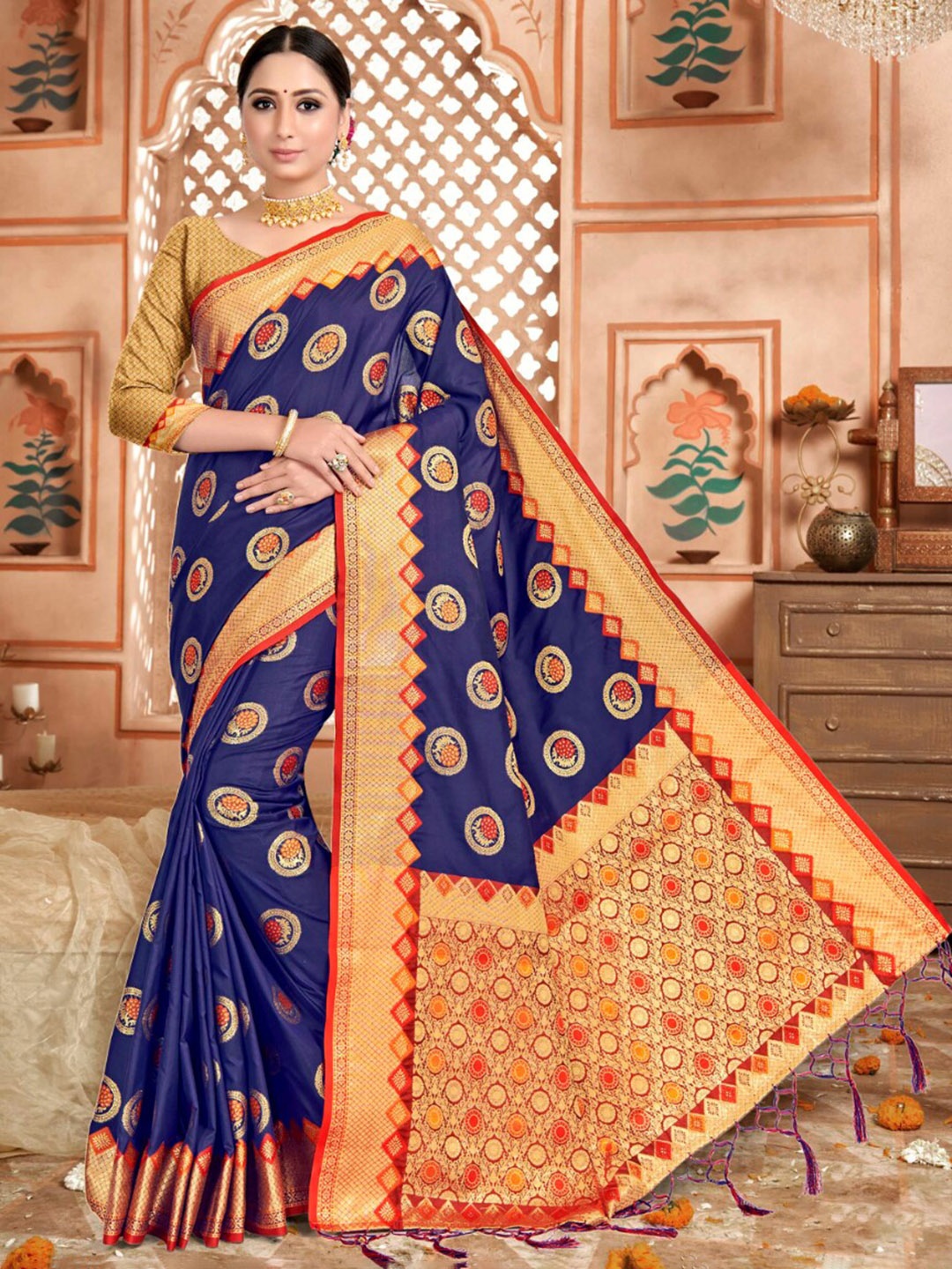 

Vardha Ethnic Motifs Woven Design Zari Art Silk Banarasi Saree, Navy blue