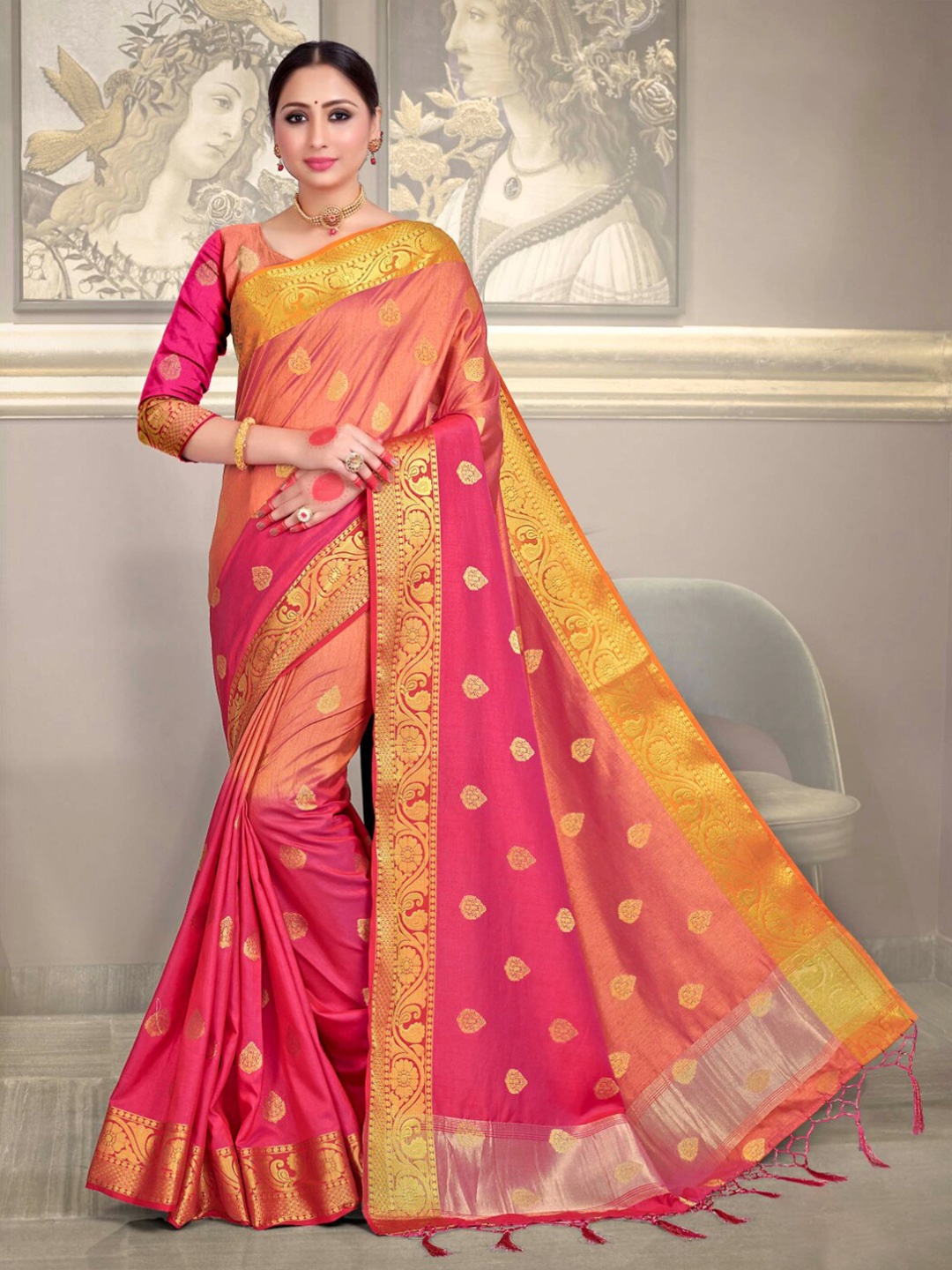 

Vardha Pink & Gold-Toned Woven Design Zari Art Silk Banarasi Saree