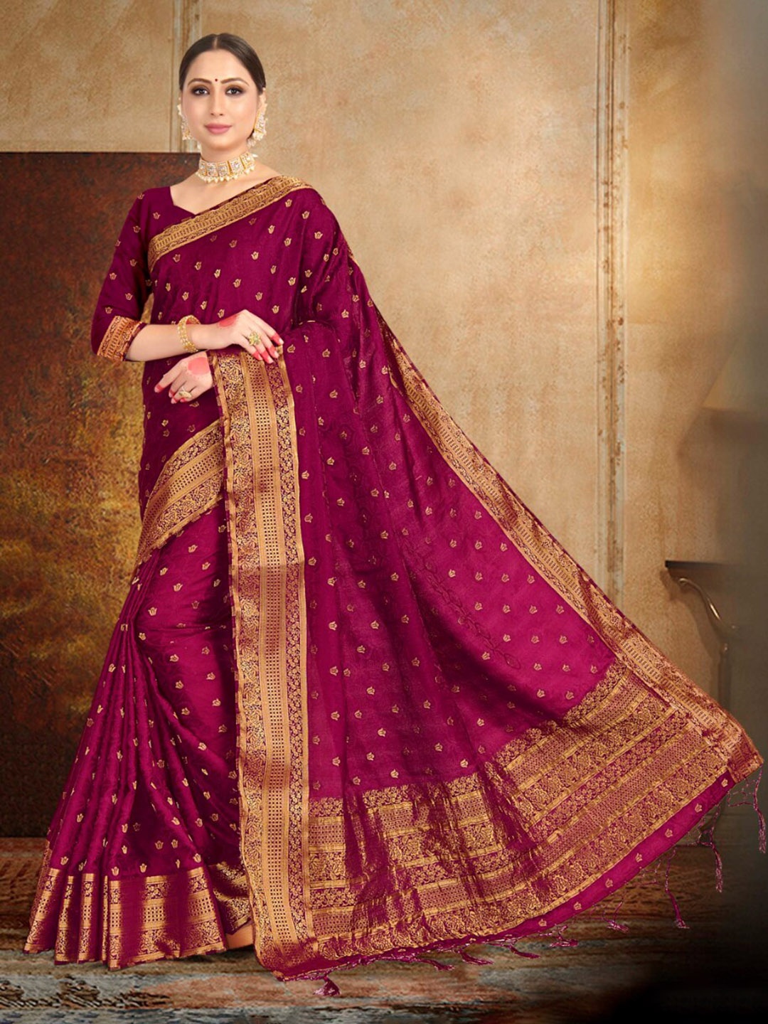 

Vardha Ethnic Motifs Woven Design Zari Satin Banarasi Saree, Purple