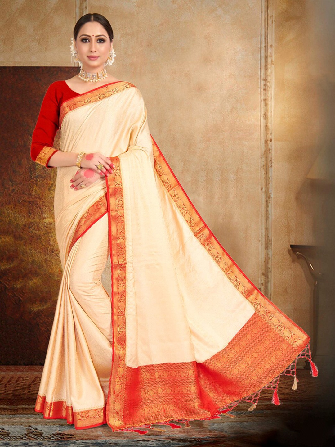 

Vardha Ethnic Motifs Woven Design Zari Satin Banarasi Saree, Cream