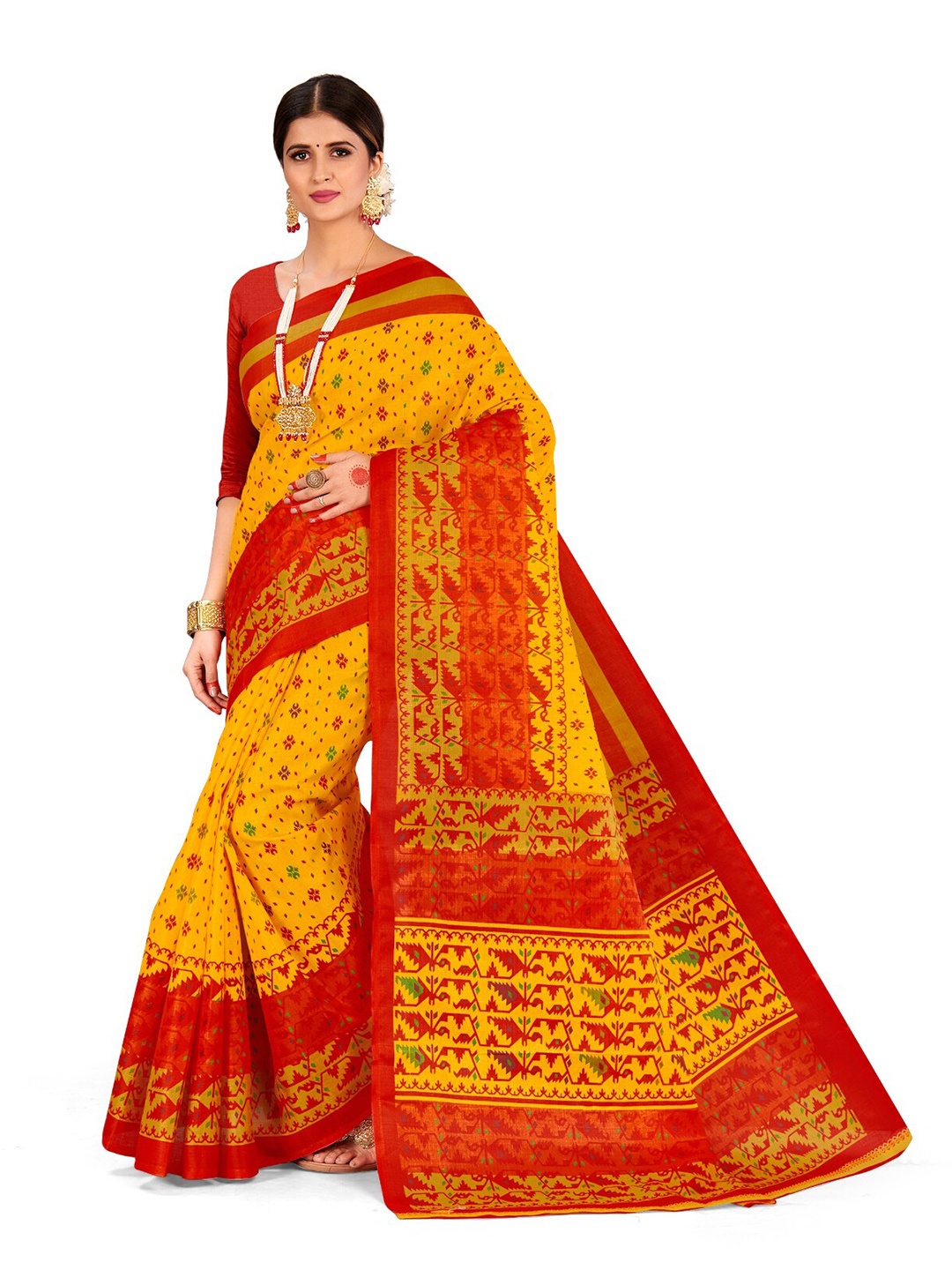

Vardha Yellow & Red Woven Design Block Print Saree