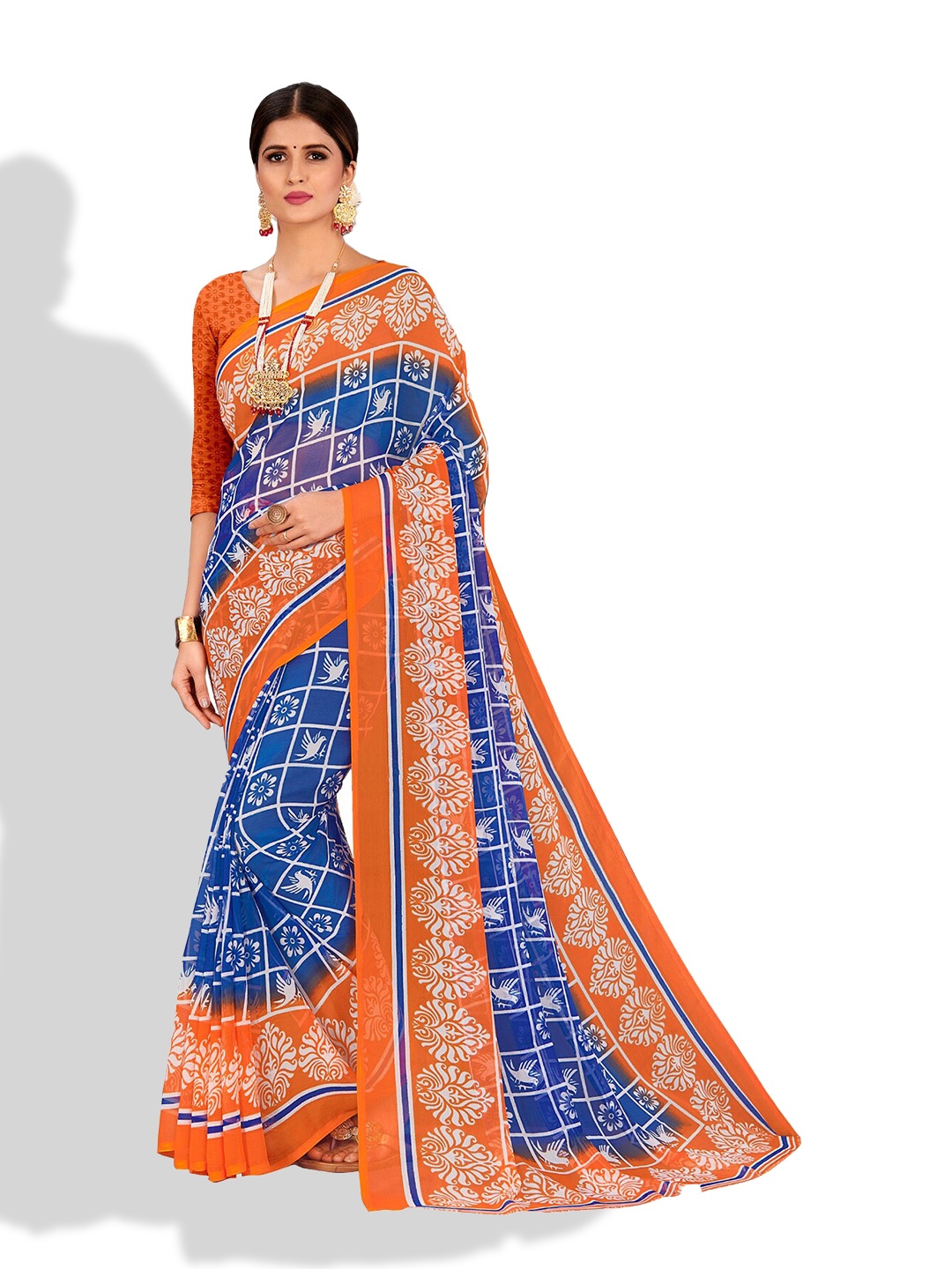 

Vardha Blue & Orange Ethnic Motifs Pure Chiffon Block Print Saree