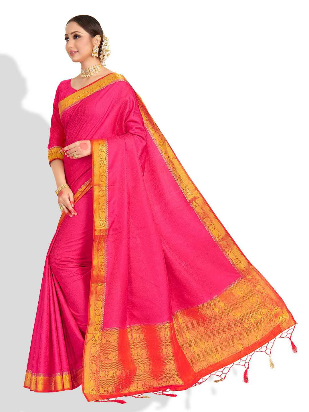 

Vardha Pink & Orange Zari Satin Banarasi Saree
