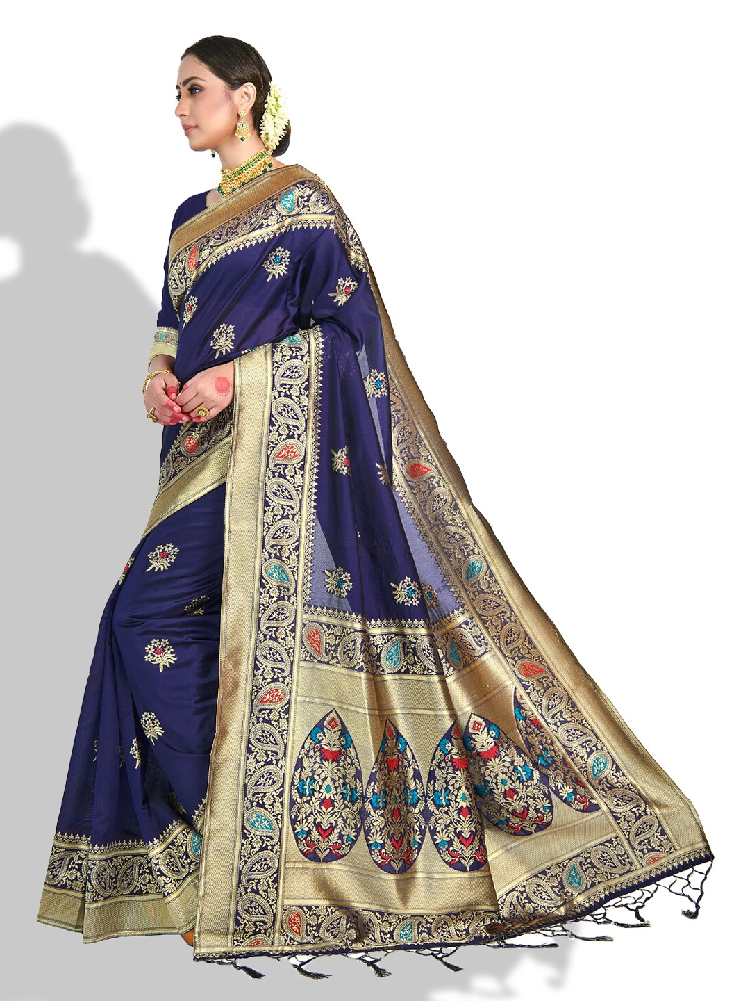 

Vardha Navy Blue & Red Woven Design Zari Art Silk Banarasi Saree