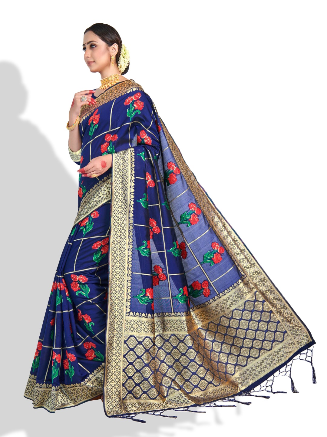 

Vardha Floral Printed Zari Art Silk Banarasi Saree, Navy blue