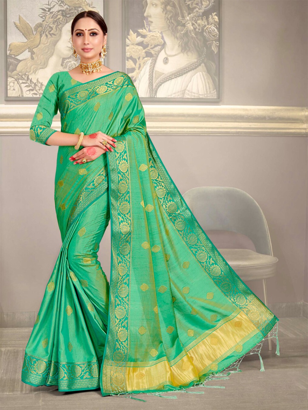 

Vardha Ethnic Motifs Woven Design Zari Art Silk Banarasi Saree, Teal