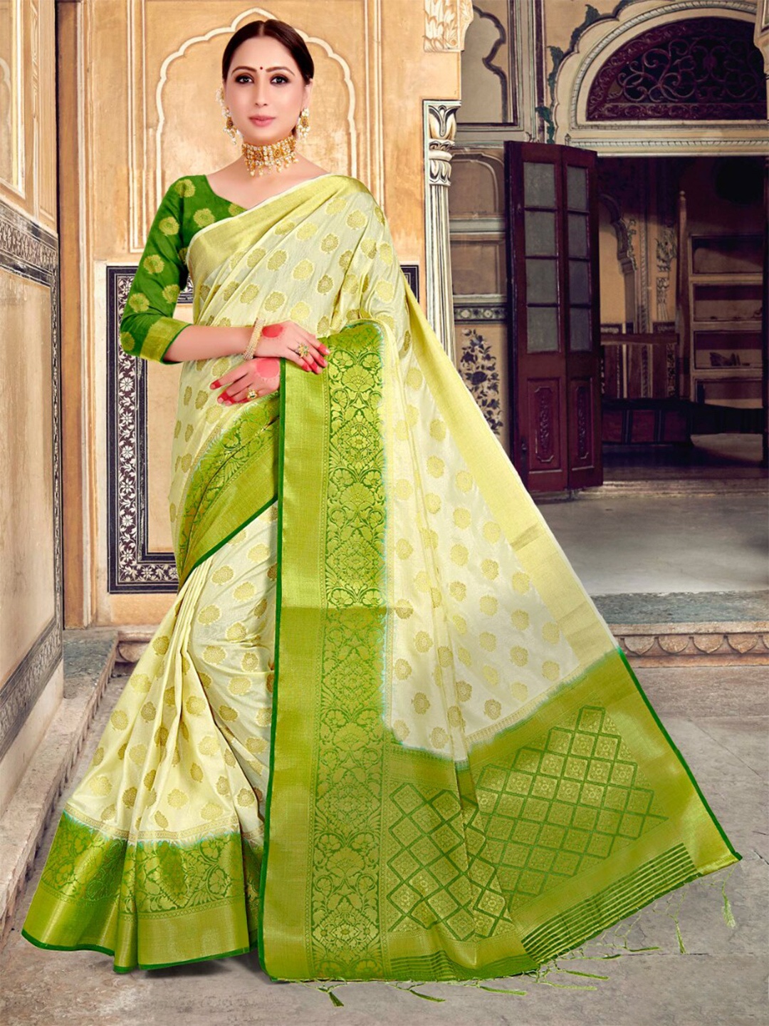 

Vardha Ethnic Motifs Woven Design Zari Art Silk Banarasi Saree, Beige
