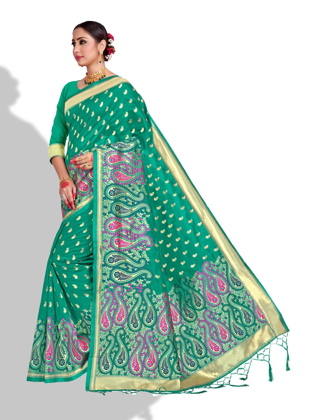 

Vardha Teal & Purple Woven Design Zari Art Silk Banarasi Saree