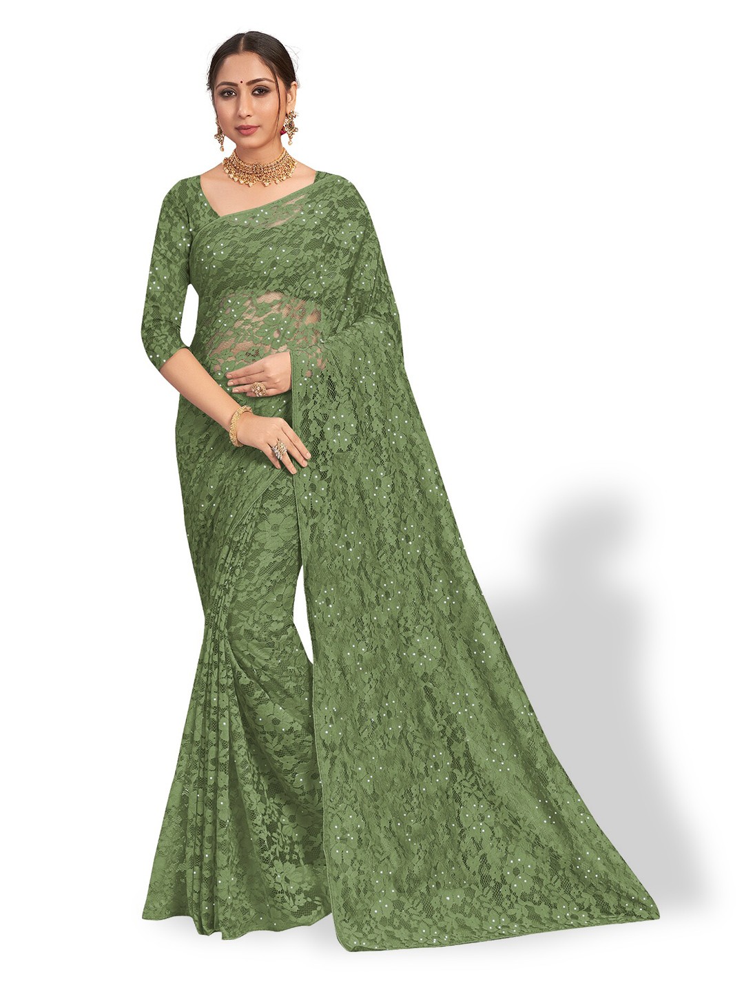 

Vardha Floral Woven Design Beads And Stones Brasso Saree, Olive