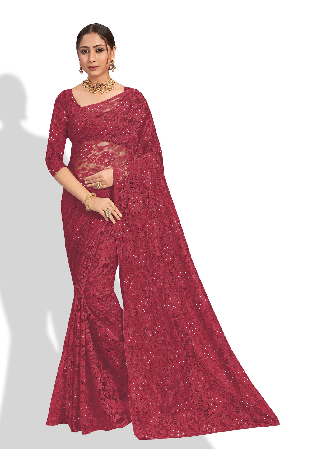 

Vardha Maroon & Silver-Toned Woven Design Beads and Stones Brasso Saree