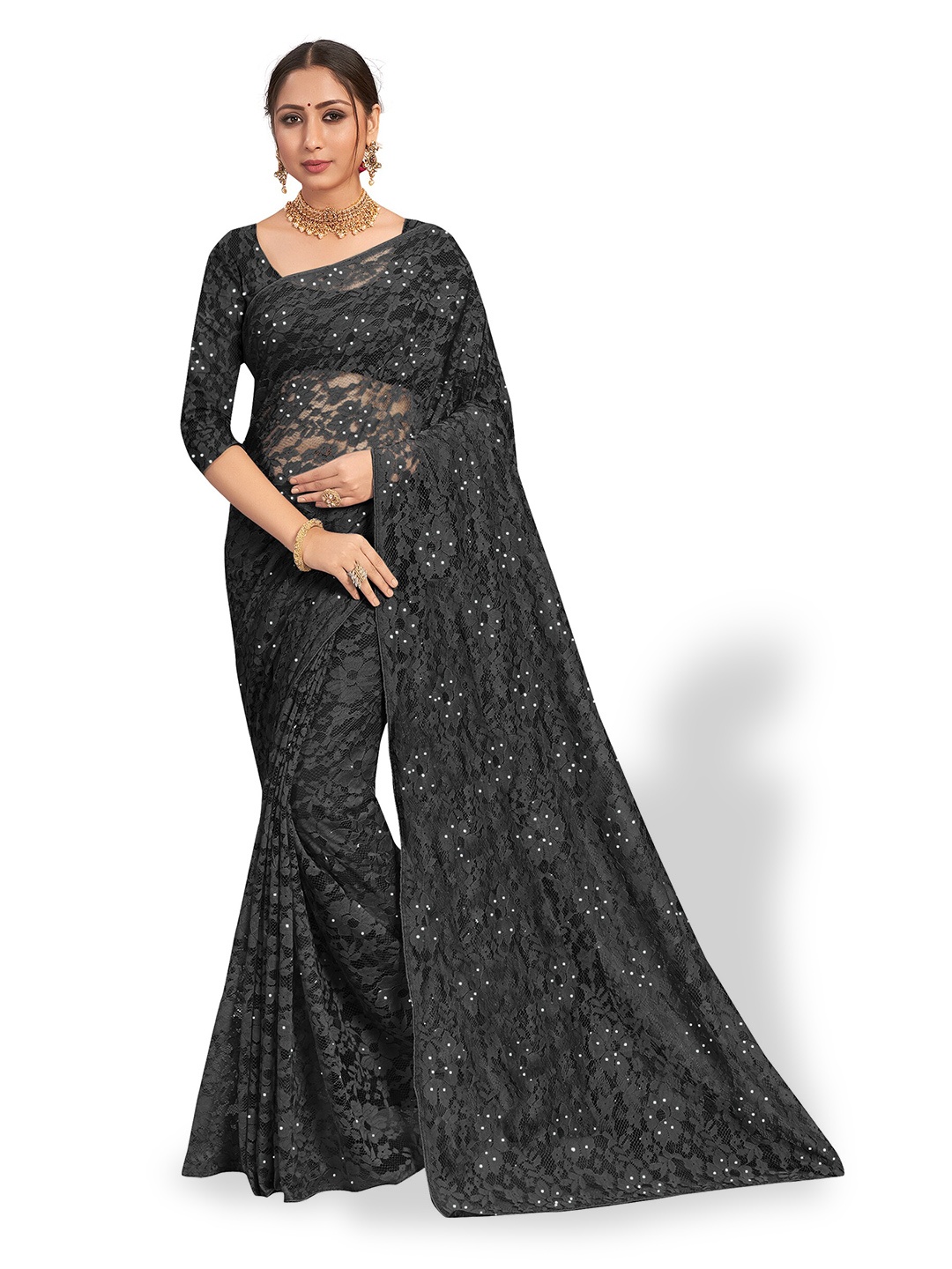 

Vardha Floral Woven Design Beads And Stones Brasso Saree, Black