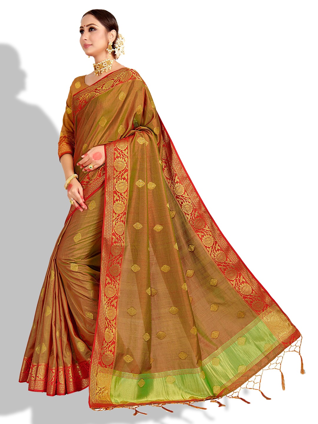 

Vardha Rust & Green Woven Design Zari Art Silk Banarasi Saree