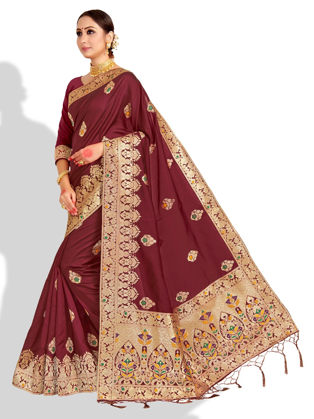 

Vardha Maroon & Gold-Toned Woven Design Zari Art Silk Banarasi Saree