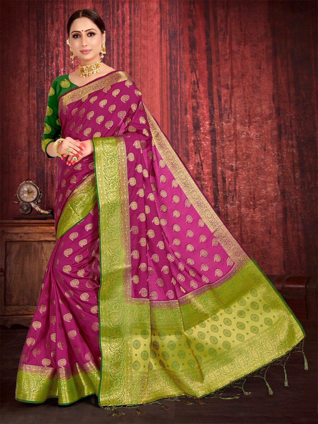 

Vardha Purple & Green Woven Design Zari Art Silk Banarasi Saree