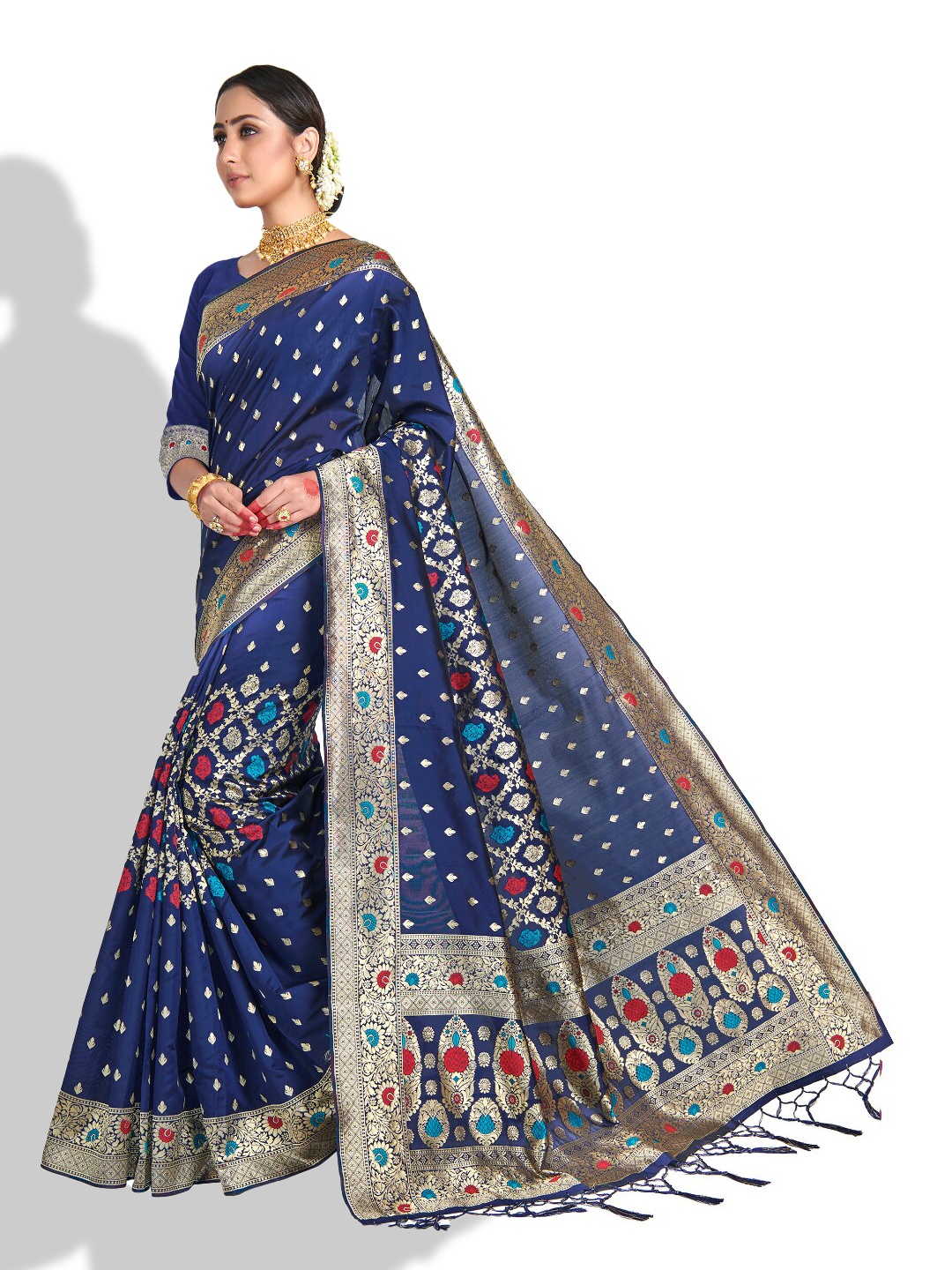 

Vardha Navy Blue & Red Woven Design Zari Art Silk Banarasi Saree